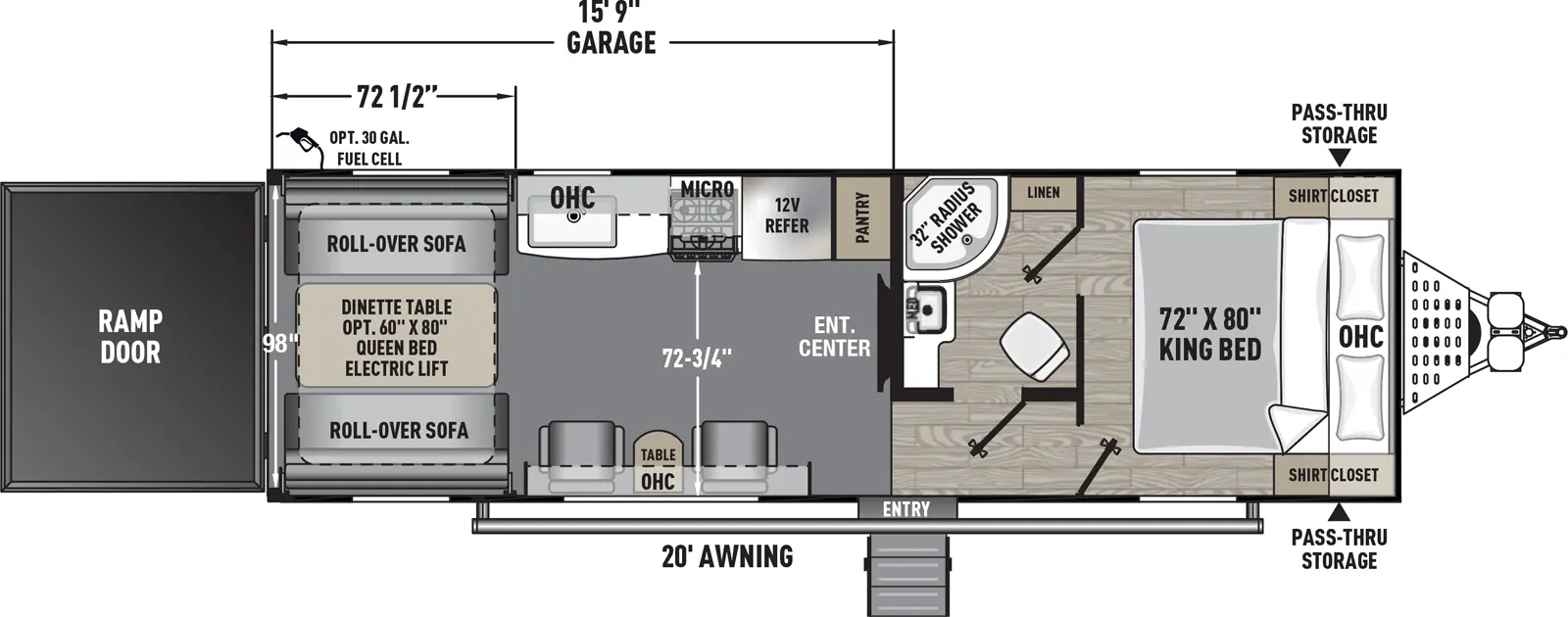 The Adrenaline 27LT floorplan is a toy hauler that has one entry and zero slide outs. Exterior features include: fiberglass exterior and 20' awning. Interiors features include: front bedroom.